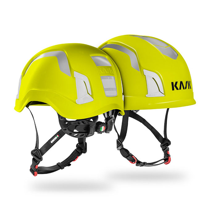 ZENITH HIVIZ SAFETY HELMET, CHIN STRAP, REFELECTION, LIGHT HOLDER, FLUORESCENT YELLOW + SIEMENS ENERGY HELMET STICKER